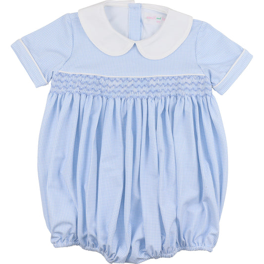 Blue Gingham Geometric Smocked Bubble