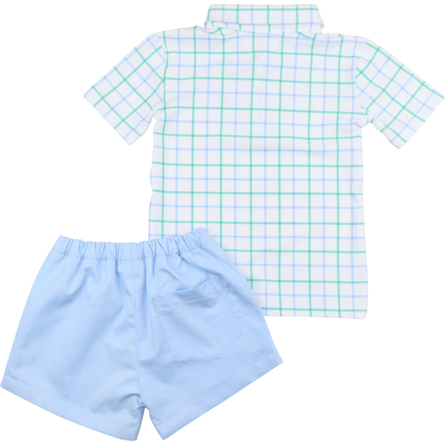 Blue And Green Windowpane Polo Short Set