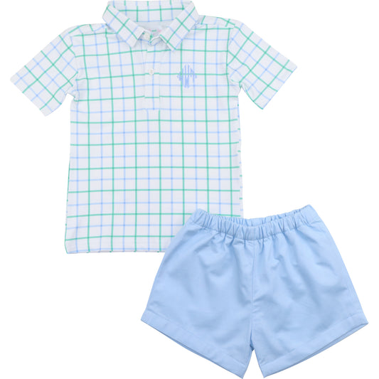 Blue And Green Windowpane Polo Short Set