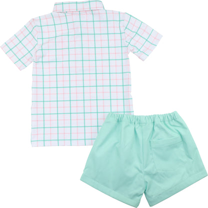 Pink And Green Windowpane Polo Short Set