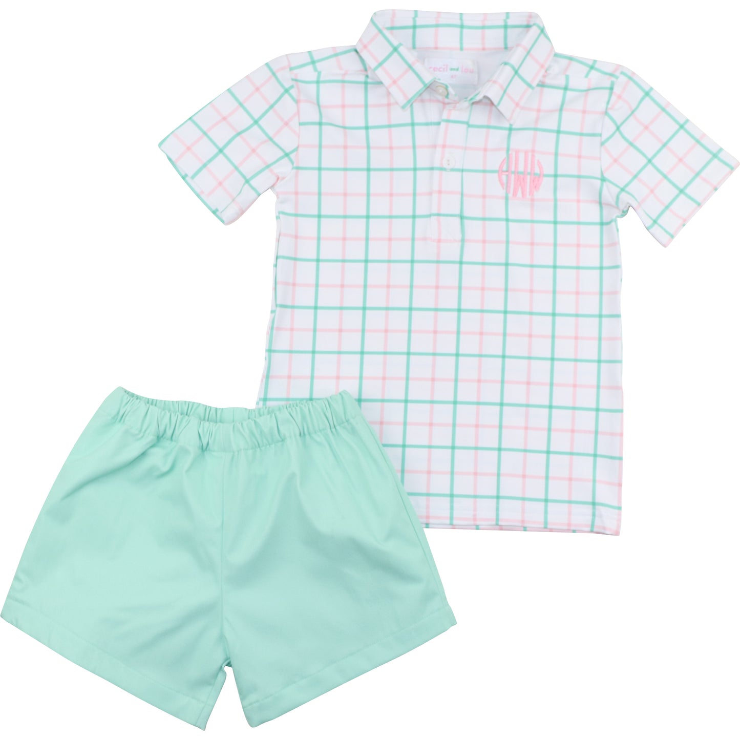 Pink And Green Windowpane Polo Short Set