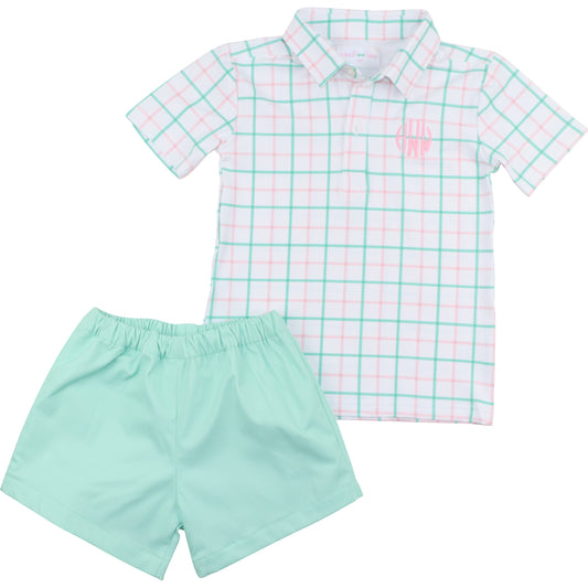 Pink And Green Windowpane Polo Short Set