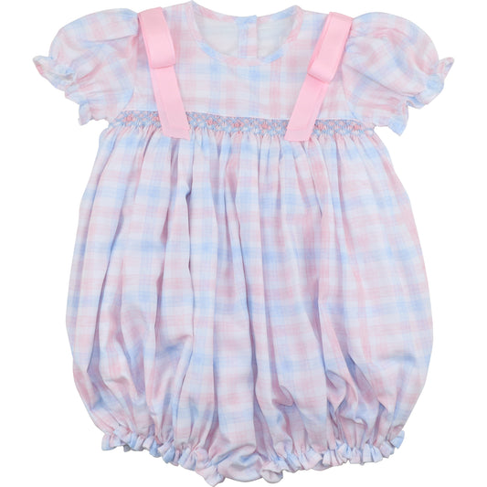 Blue And Pink Plaid Smocked Ribbon Bubble