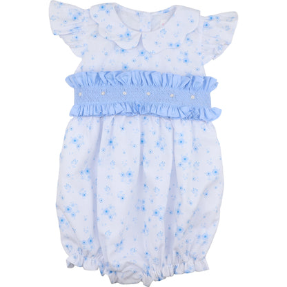 Blue Floral Smocked Ruffled Bubble