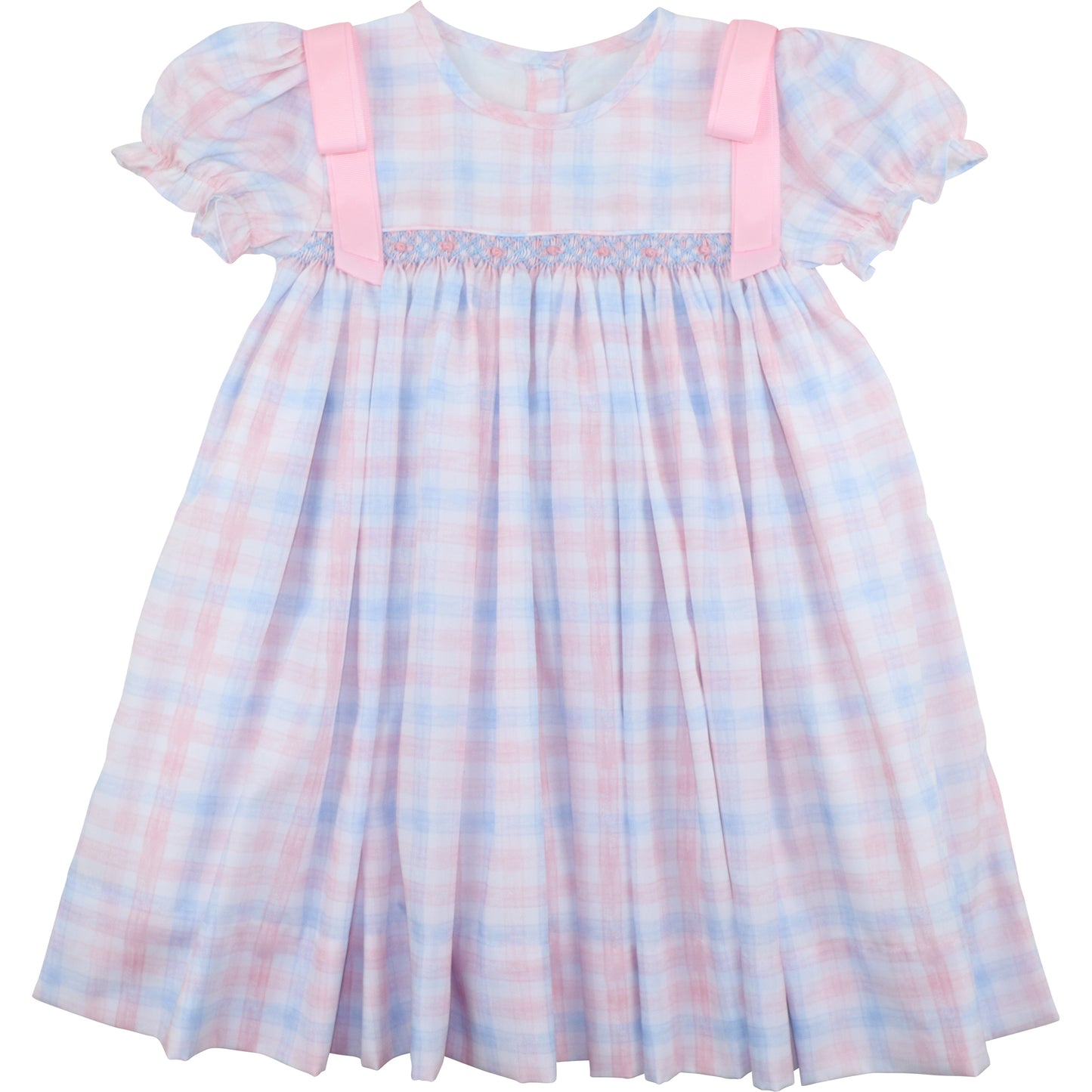 Blue And Pink Plaid Smocked Ribbon Dress