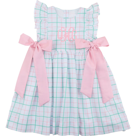 Pink And Green Windowpane Bow Dress