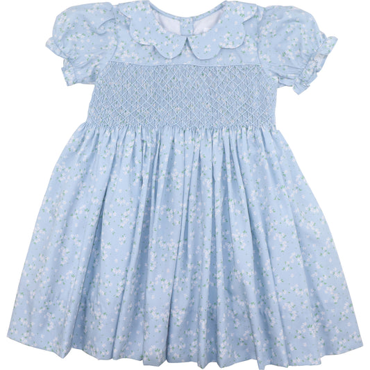 Blue And White Petite Floral Smocked Dress