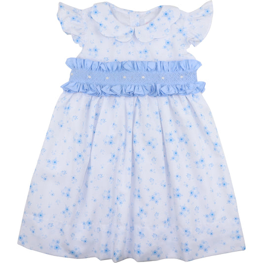 Blue Floral Smocked Ruffled Dress