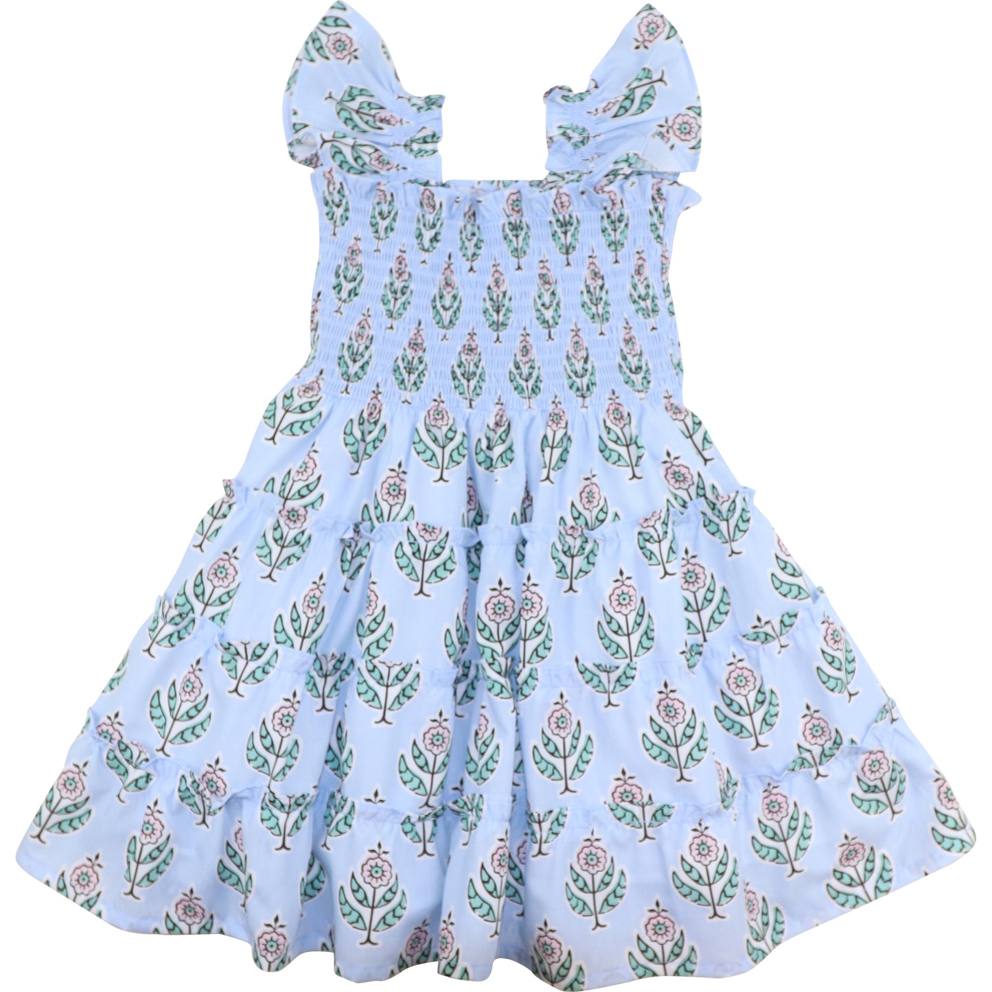 Blue Floral Block Print Smocked Dress