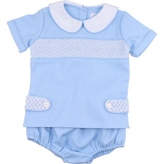 Blue Honeycomb Smocked Tab Diaper Set