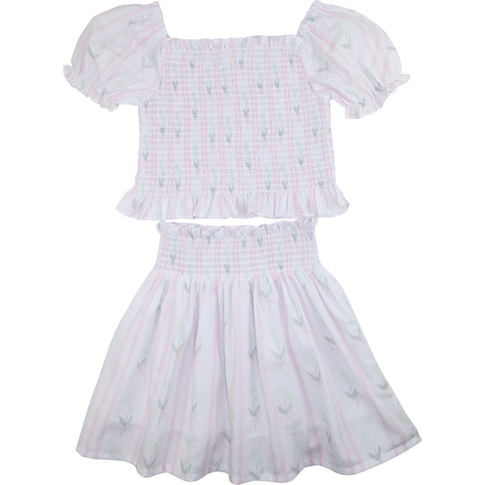 Pink Striped Hydrangea Smocked Skirt Set