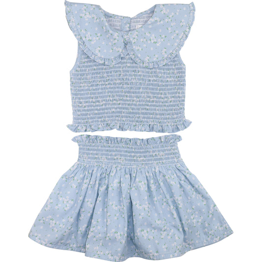 Blue And White Petite Floral Smocked Skirt Set