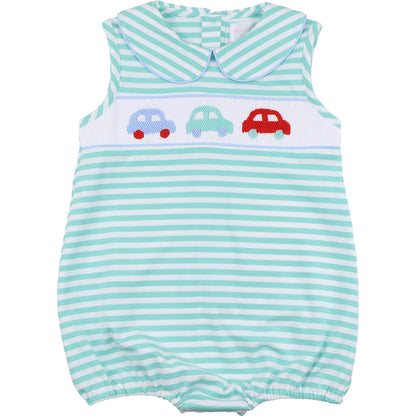 Mint Striped Smocked Cars Knit Bubble