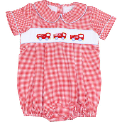 Red Gingham Knit Smocked Firetruck Bubble