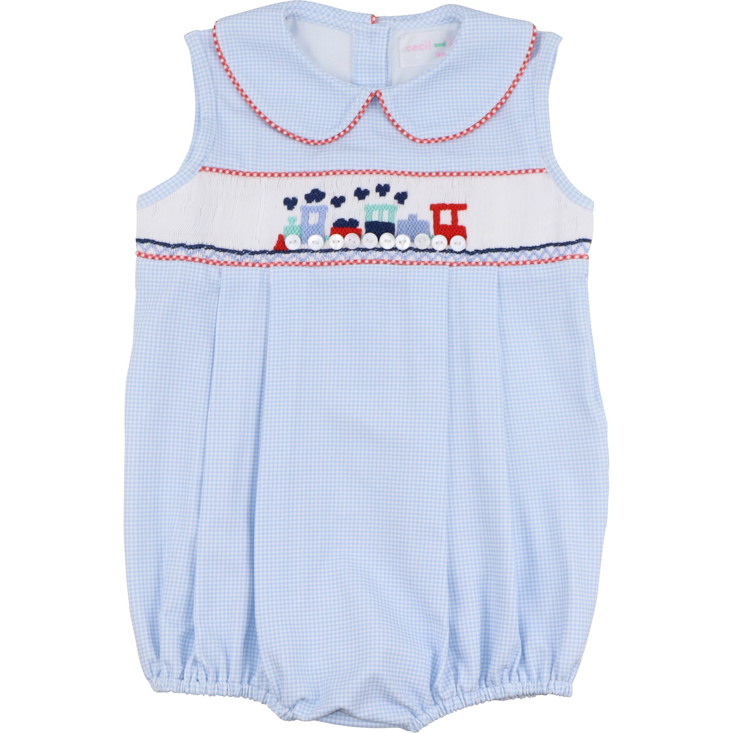 Blue Gingham Knit Smocked Train Bubble