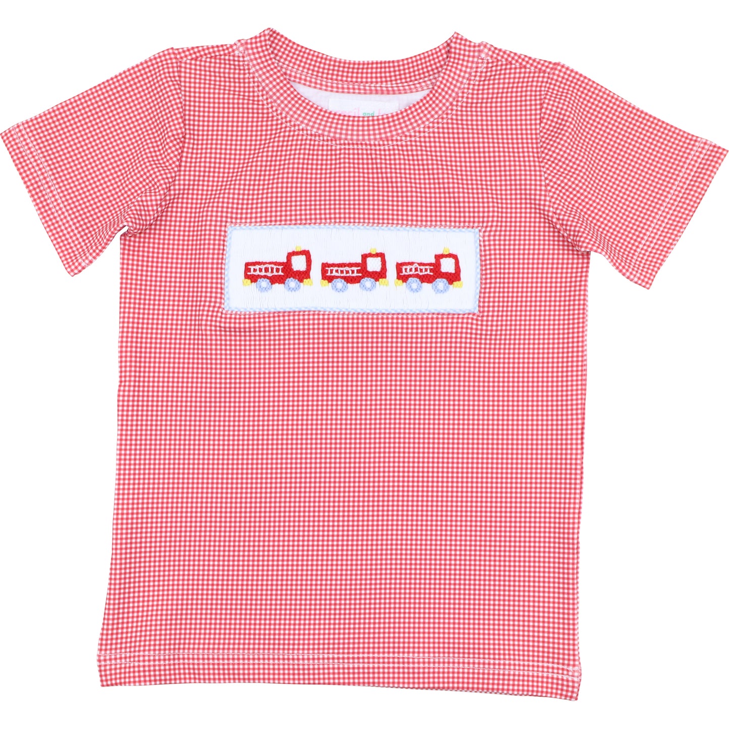 Red Gingham Knit Smocked Firetruck Shirt