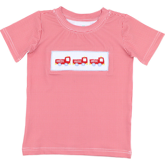 Red Gingham Knit Smocked Firetruck Shirt