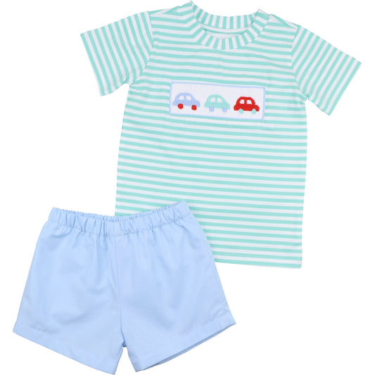 Mint Striped Smocked Cars Short Set