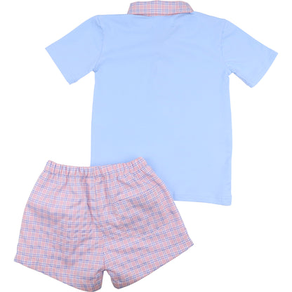 Blue And Pink Plaid Seersucker Polo Short Set