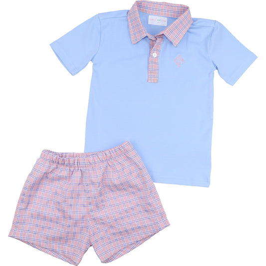 Blue And Pink Plaid Seersucker Polo Short Set