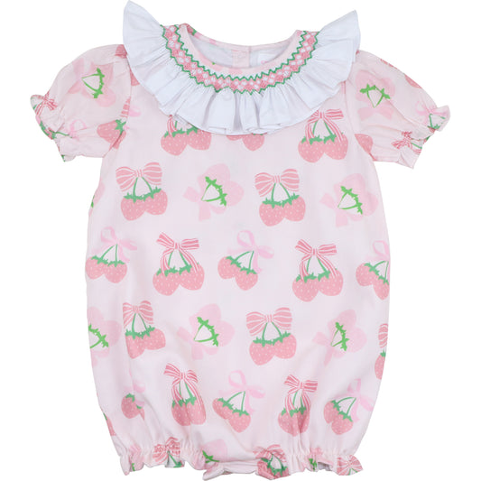 Pink And Green Smocked Strawberry Print Bubble