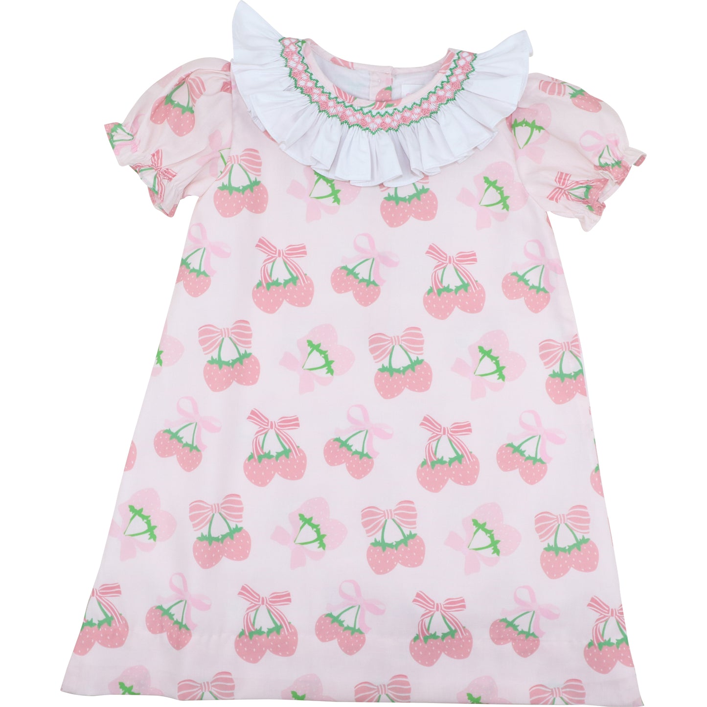 Pink And Green Smocked Strawberry Print Dress