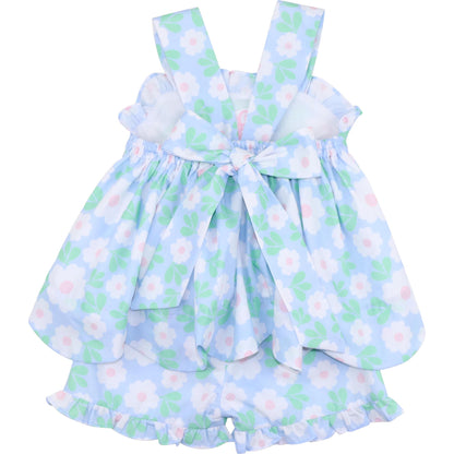 Blue And White Daisy Bow Short Set