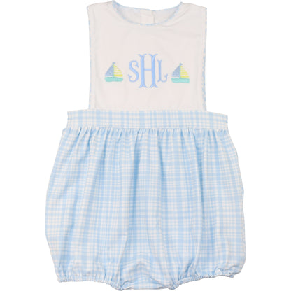 Blue Plaid Embroidered Sailboat Bubble