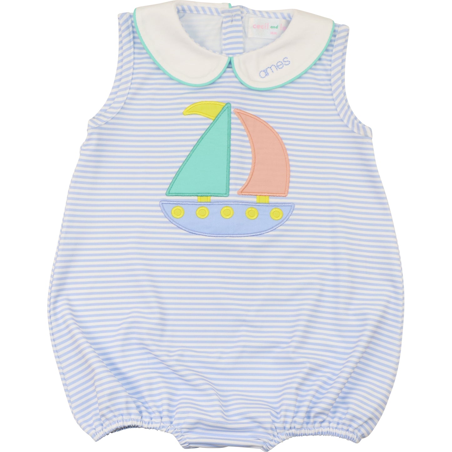 Blue Stripe Knit Applique Sailboat Bubble