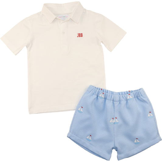 Blue Honeycomb Embroidered Sailboats Polo Short Set