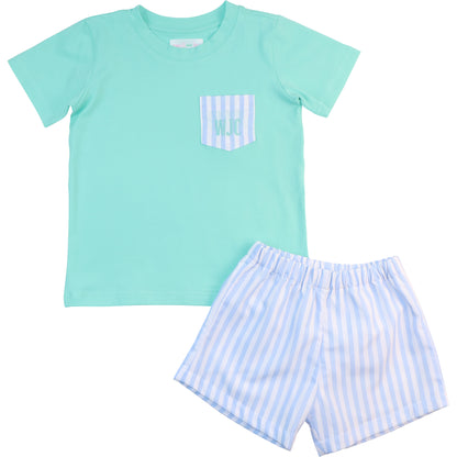 Mint And Blue Stripe Short Set