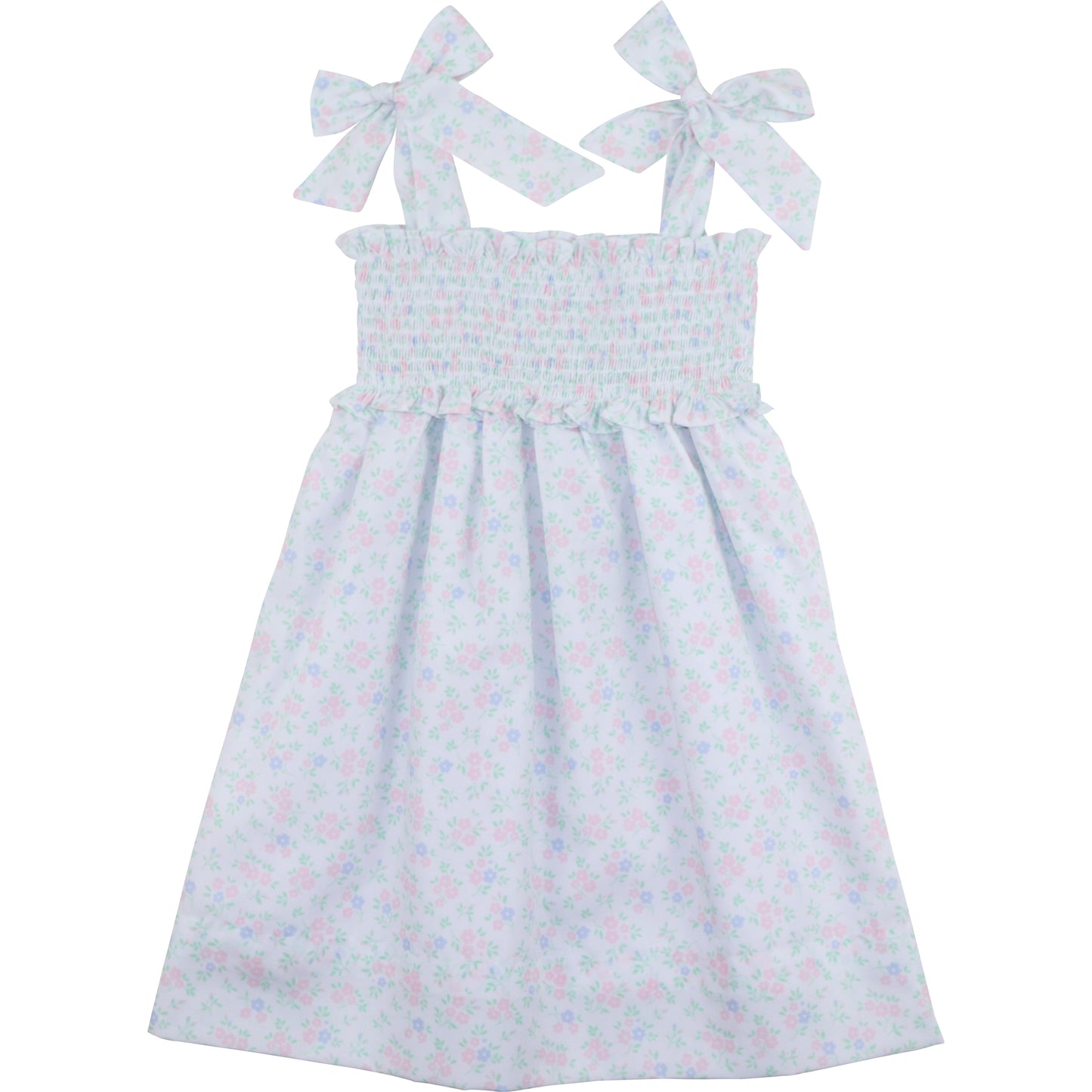 Pink And Blue Bouquet Smocked Shoulder Tie Dress