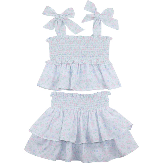 Pink And Blue Bouquet Smocked Shoulder Tie Skirt Set