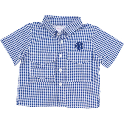 Navy Gingham Seersucker Fishing Shirt With Velcro Pockets And Mesh Lining