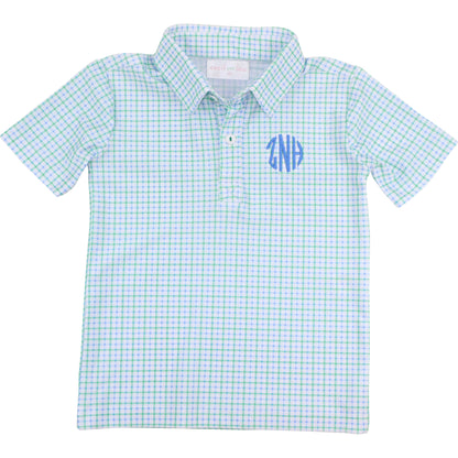 Blue And Green Windowpane Knit Polo Shirt