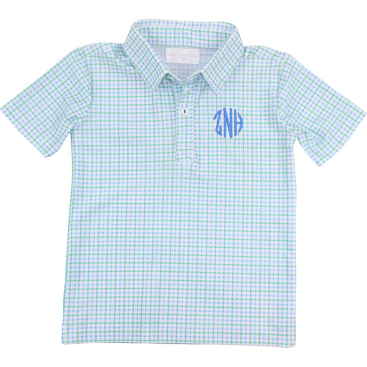 Blue And Green Windowpane Knit Polo Shirt