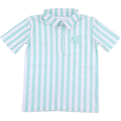 Mint And White Stripe Knit Polo Shirt