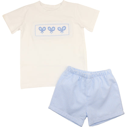 Blue Seersucker Smocked Tennis Short Set