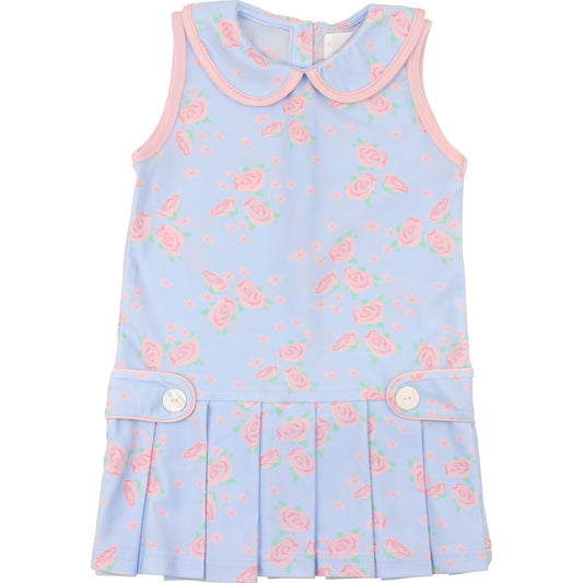 Blue And Pink Rose Print Lycra Tennis Dress