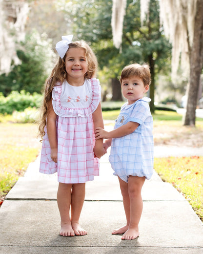 Pink Plaid Embroidered Bunny Dress