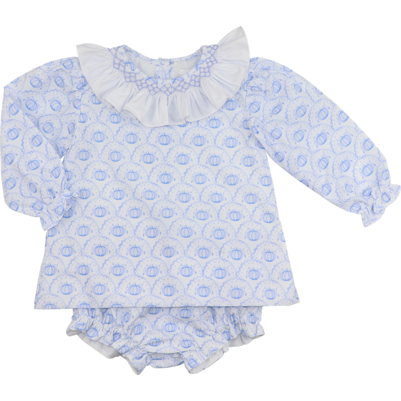 Blue Smocked Scalloped Pumpkin Diaper Set