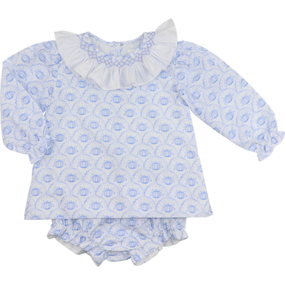 Blue Smocked Scalloped Pumpkin Diaper Set