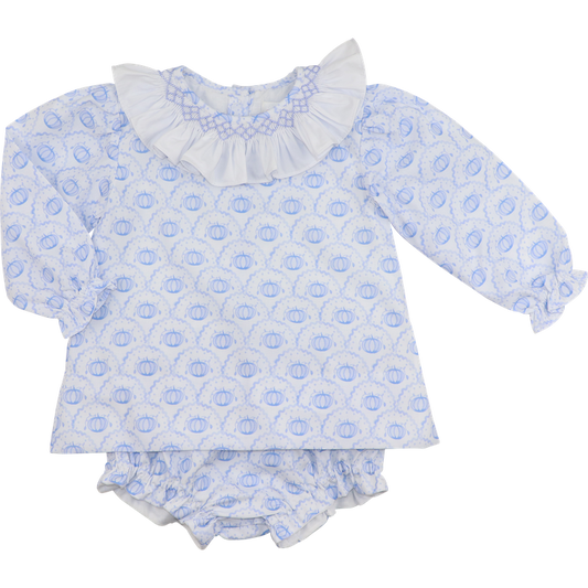 Blue Smocked Scalloped Pumpkin Diaper Set