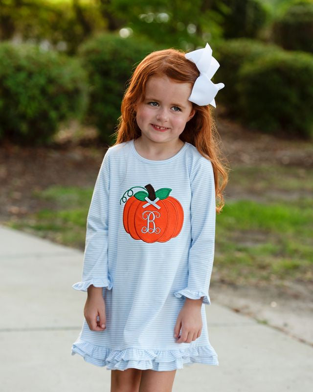 Blue Stripe Applique Pumpkins Dress