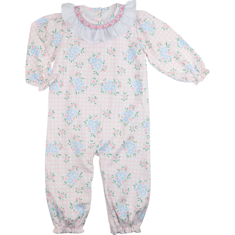 Pink And Blue Smocked Corduroy Floral Long Bubble