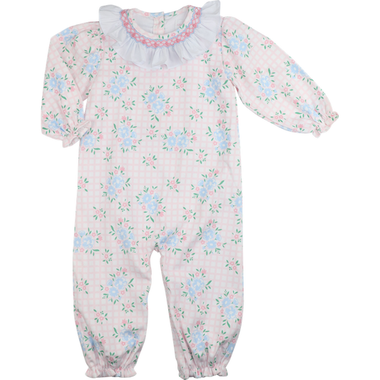 Pink And Blue Smocked Corduroy Floral Long Bubble