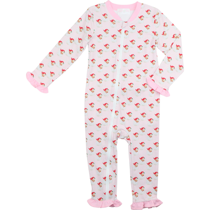 Pink Vintage Santa Print Zipper Pajamas