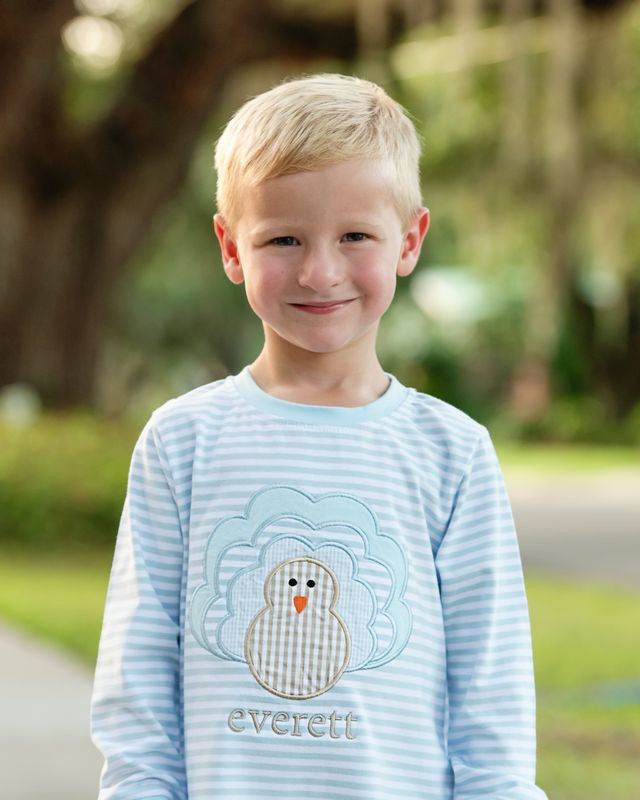 Blue Knit Stripe Applique Turkey Shirt