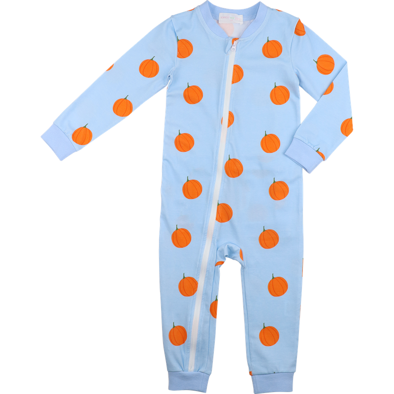 Blue Knit Pumpkin Print Zipper Pajamas