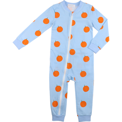 Blue Knit Pumpkin Print Zipper Pajamas